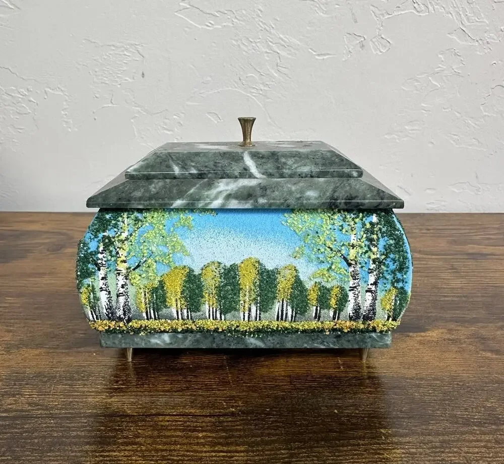 Vintage Russian Hand Painted 3D Coralene Trees Marble Footed Trinket Box Decor